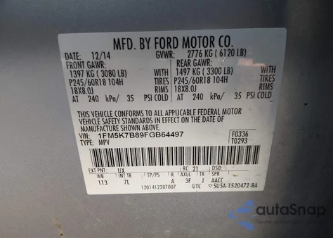 2015 Ford Explorer from USA, damaged, VIN 1FM5K7B89FGB64497